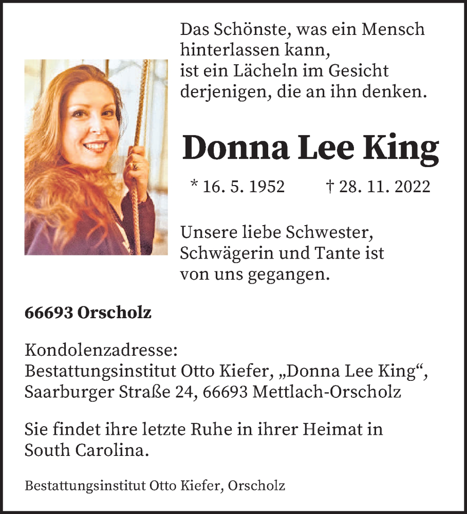  Traueranzeige für Donna Lee King vom 09.12.2022 aus saarbruecker_zeitung