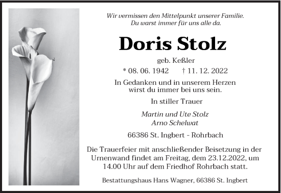 Traueranzeige von Doris Stolz von saarbruecker_zeitung