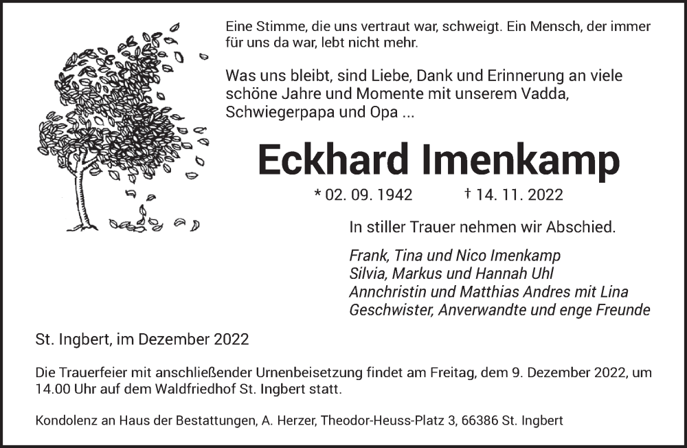  Traueranzeige für Eckhard Imenkamp vom 03.12.2022 aus saarbruecker_zeitung