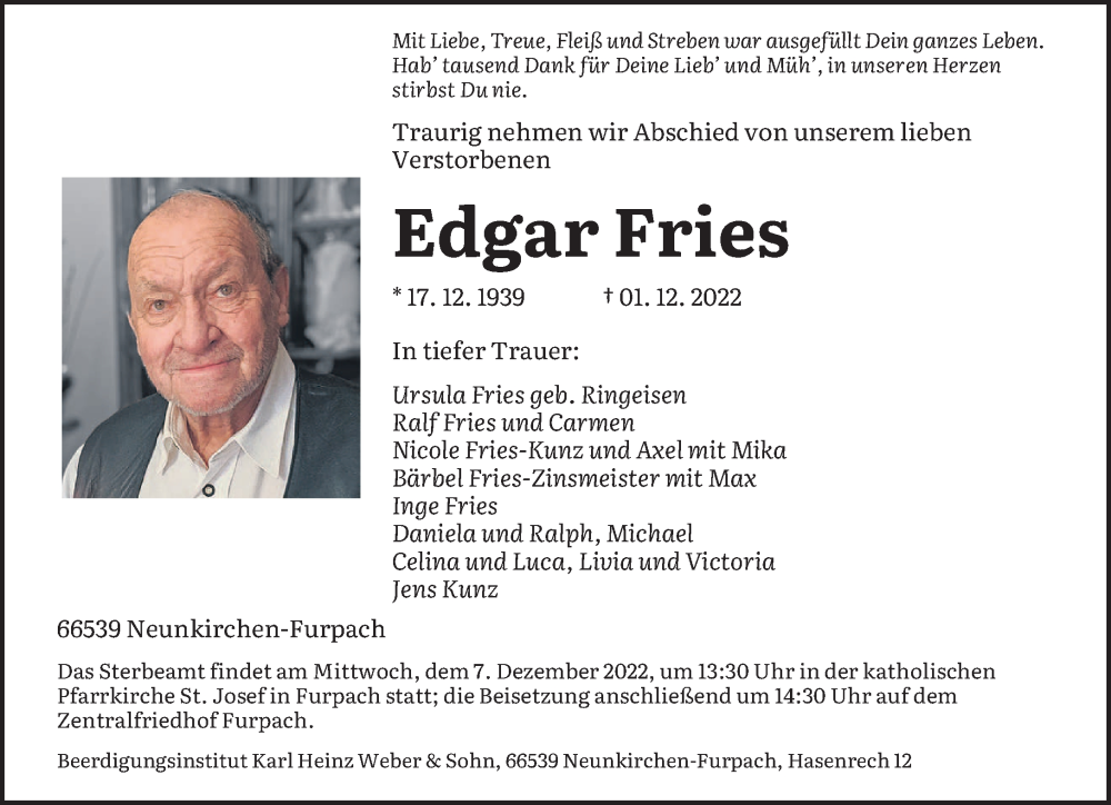  Traueranzeige für Edgar Fries vom 03.12.2022 aus saarbruecker_zeitung
