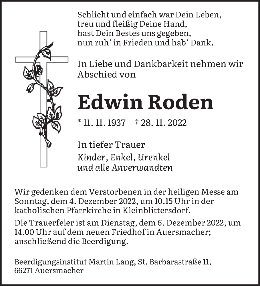  Traueranzeige für Edwin Roden vom 03.12.2022 aus saarbruecker_zeitung