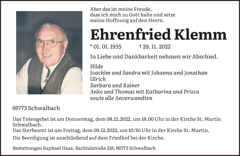  Traueranzeige für Ehrenfried Klemm vom 03.12.2022 aus saarbruecker_zeitung