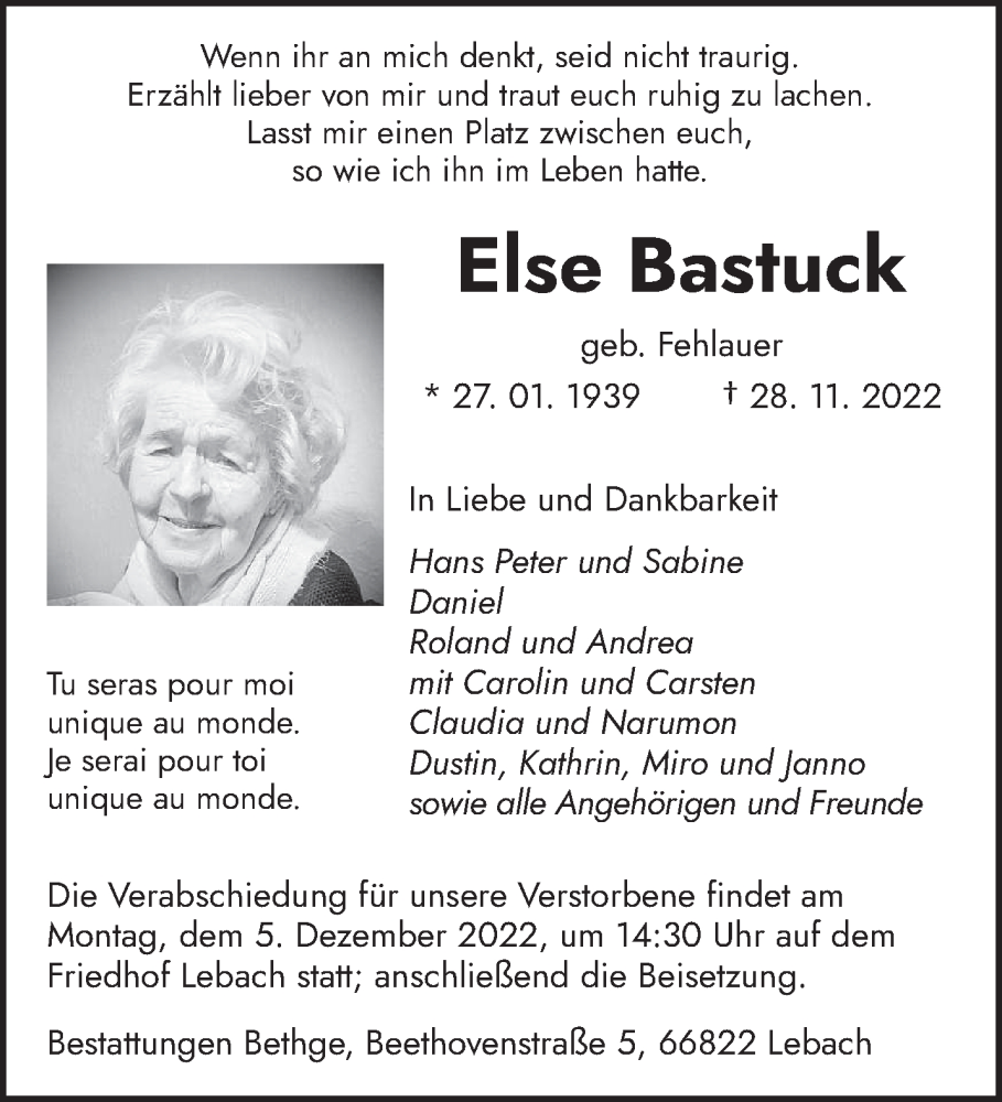  Traueranzeige für Else Bastuck vom 03.12.2022 aus saarbruecker_zeitung