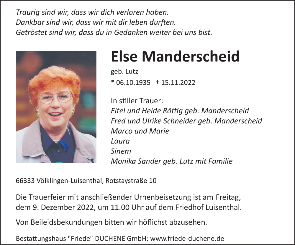  Traueranzeige für Else Manderscheid vom 03.12.2022 aus saarbruecker_zeitung