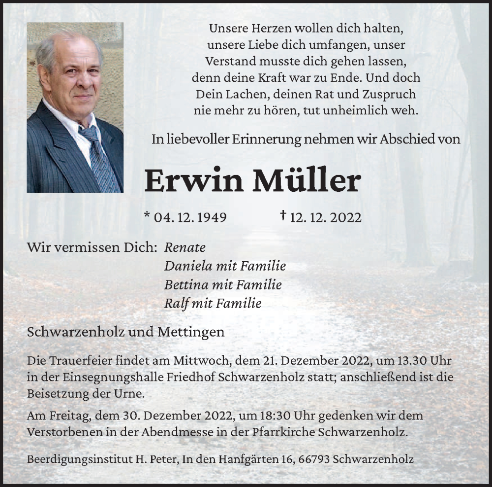  Traueranzeige für Erwin Müller vom 17.12.2022 aus saarbruecker_zeitung