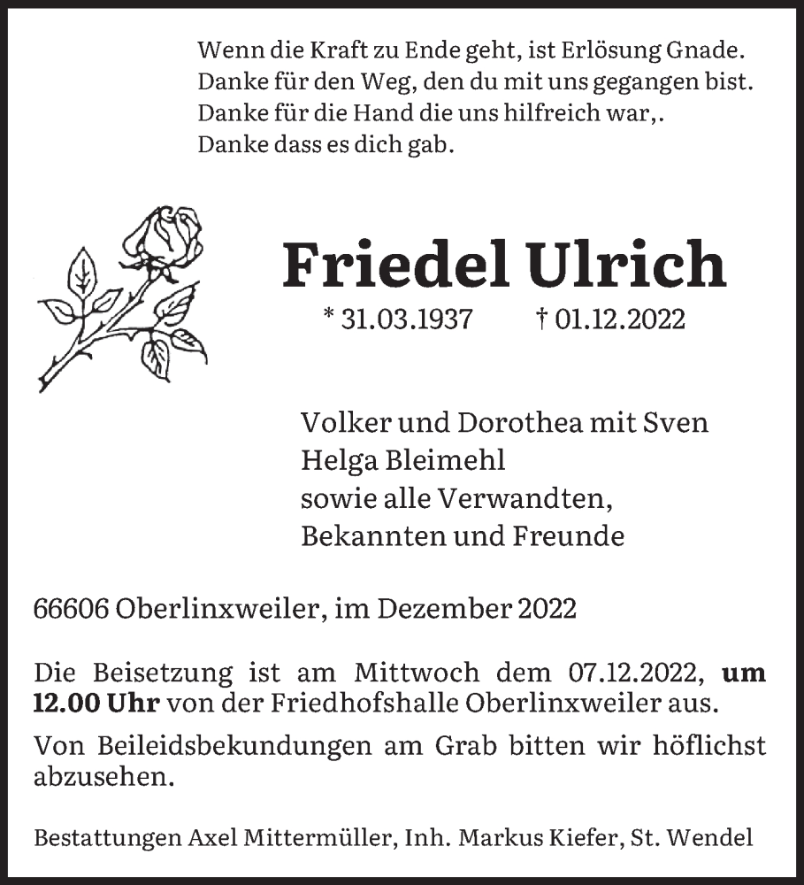  Traueranzeige für Friedel Ulrich vom 05.12.2022 aus saarbruecker_zeitung