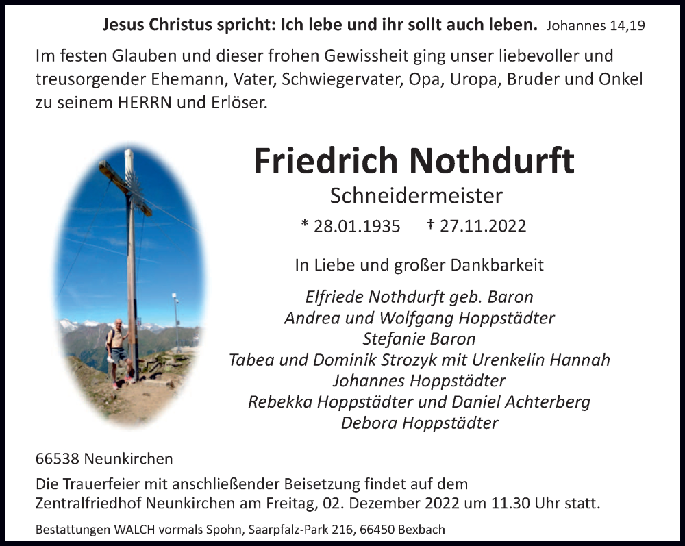  Traueranzeige für Friedrich Nothdurft vom 30.11.2022 aus saarbruecker_zeitung