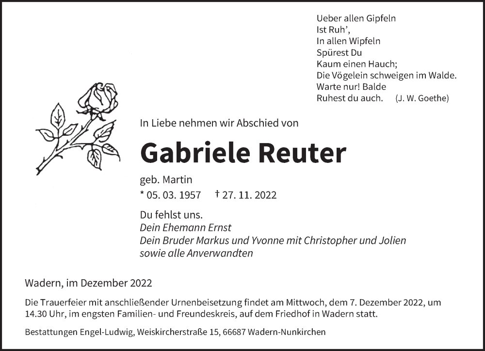  Traueranzeige für Gabriele Reuter vom 03.12.2022 aus saarbruecker_zeitung