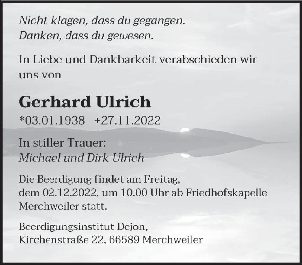  Traueranzeige für Gerhard Ulrich vom 30.11.2022 aus saarbruecker_zeitung