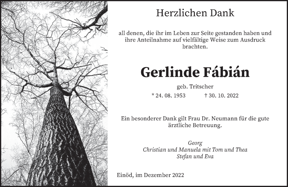  Traueranzeige für Gerlinde Fábián vom 03.12.2022 aus saarbruecker_zeitung