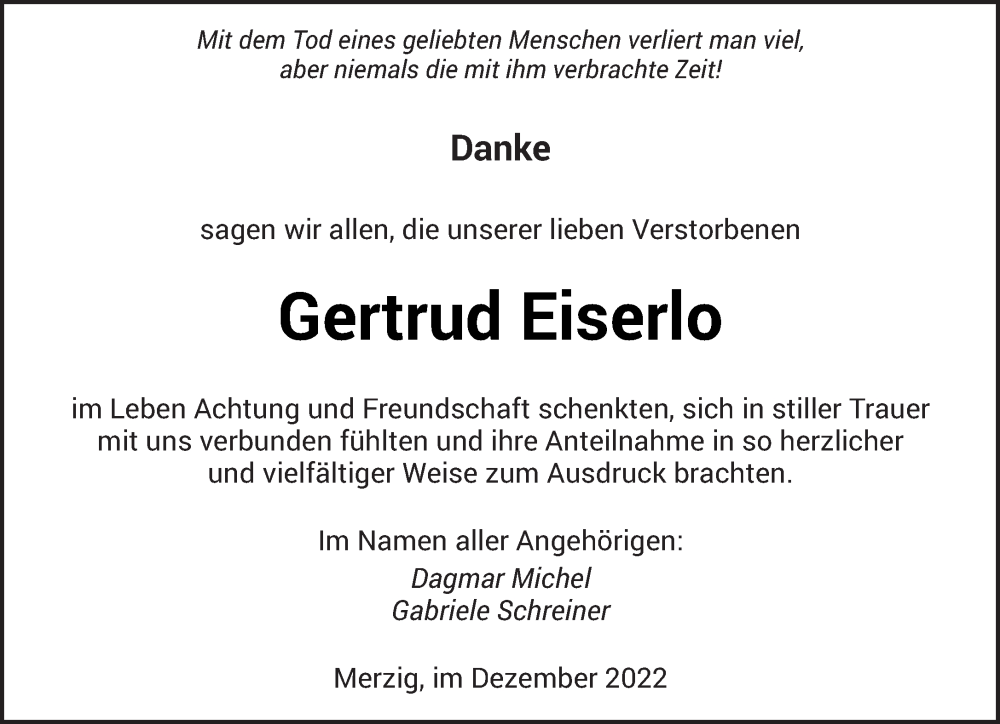  Traueranzeige für Gertrud Eiserlo vom 03.12.2022 aus saarbruecker_zeitung