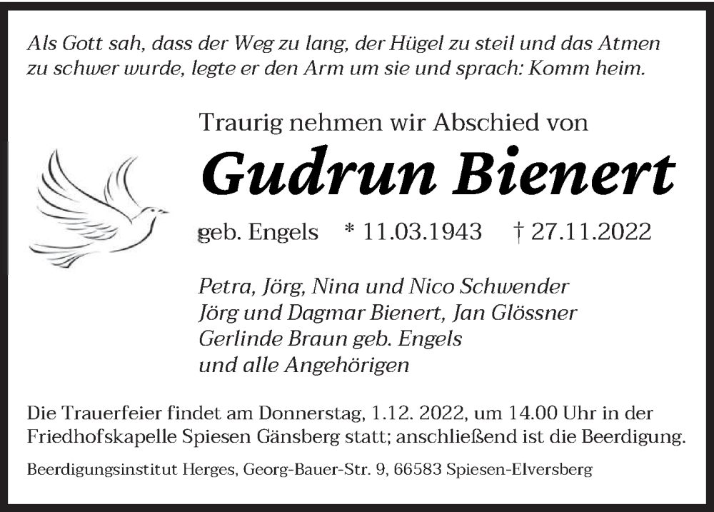  Traueranzeige für Gudrun Bienert vom 30.11.2022 aus saarbruecker_zeitung