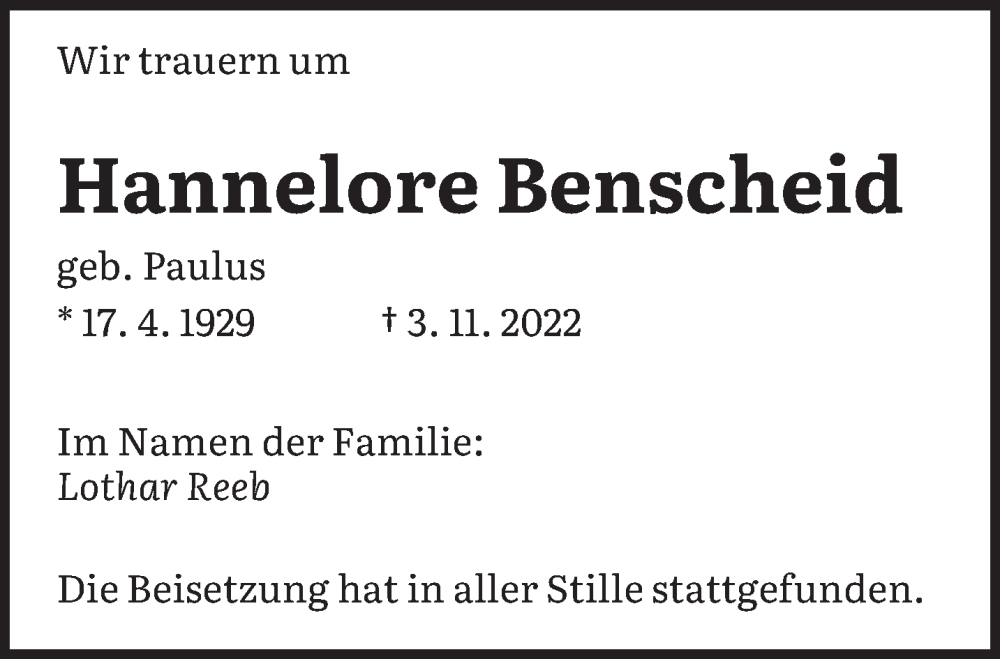  Traueranzeige für Hannelore Benscheid vom 03.12.2022 aus saarbruecker_zeitung