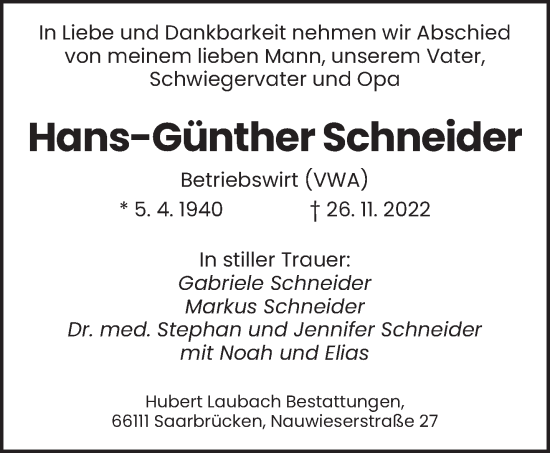 Traueranzeige von Hans-Günther Schneider von saarbruecker_zeitung