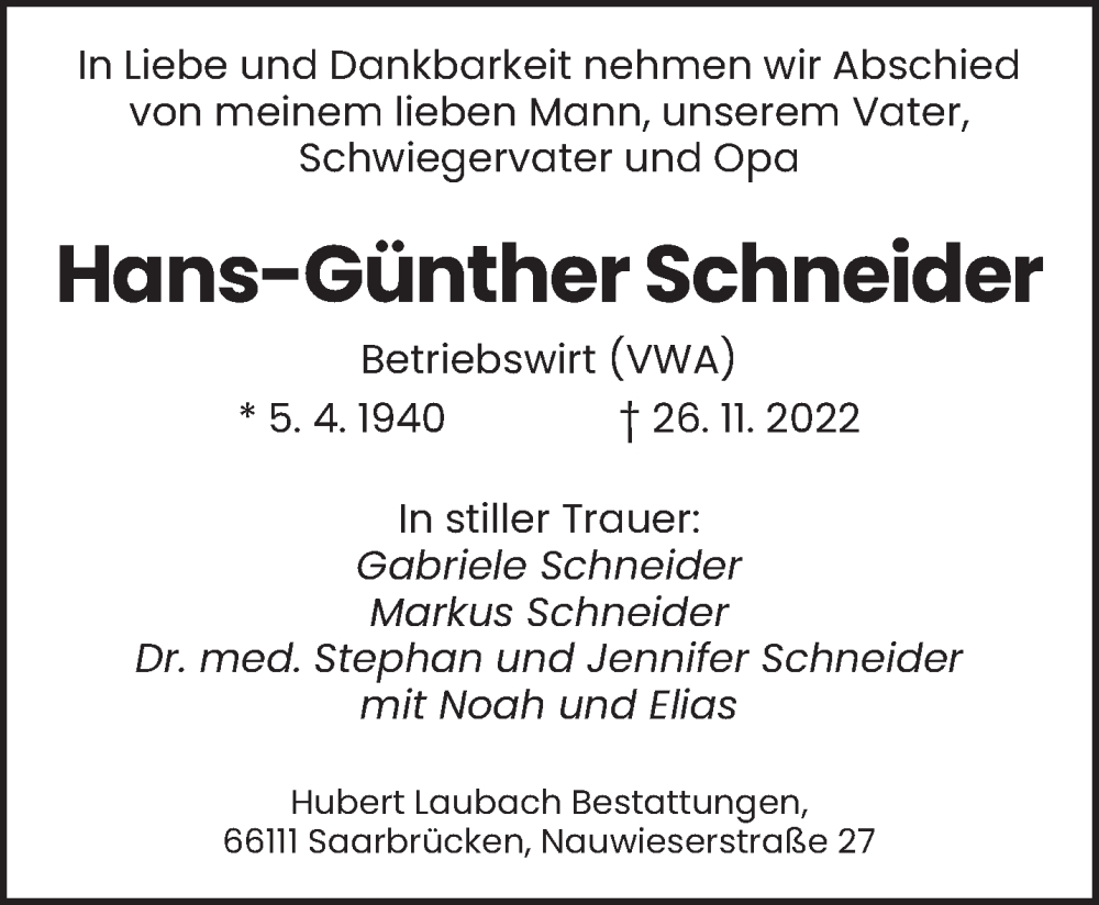  Traueranzeige für Hans-Günther Schneider vom 03.12.2022 aus saarbruecker_zeitung
