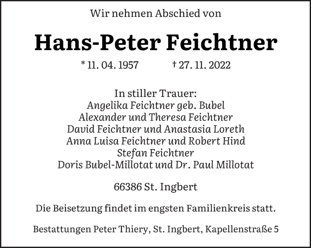  Traueranzeige für Hans-Peter Feichtner vom 03.12.2022 aus saarbruecker_zeitung