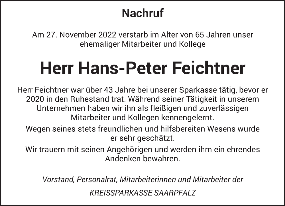  Traueranzeige für Hans-Peter Feichtner vom 09.12.2022 aus saarbruecker_zeitung