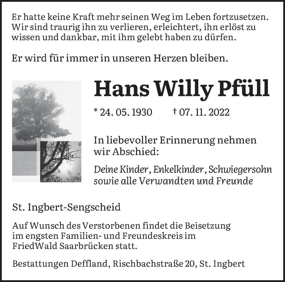  Traueranzeige für Hans Willy Pfüll vom 03.12.2022 aus saarbruecker_zeitung