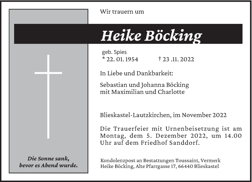 Traueranzeige für Heike Böcking vom 30.11.2022 aus saarbruecker_zeitung