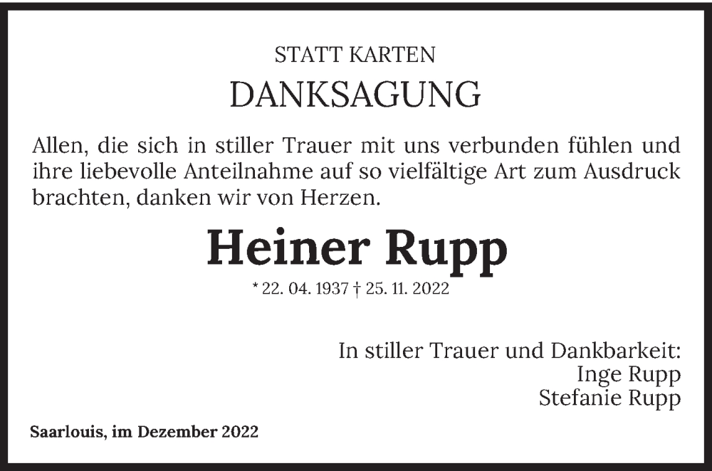  Traueranzeige für Heiner Rupp vom 30.12.2022 aus saarbruecker_zeitung