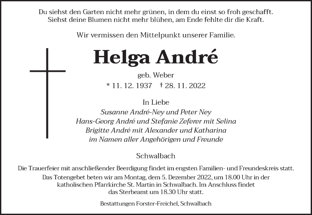  Traueranzeige für Helga Andre vom 03.12.2022 aus saarbruecker_zeitung