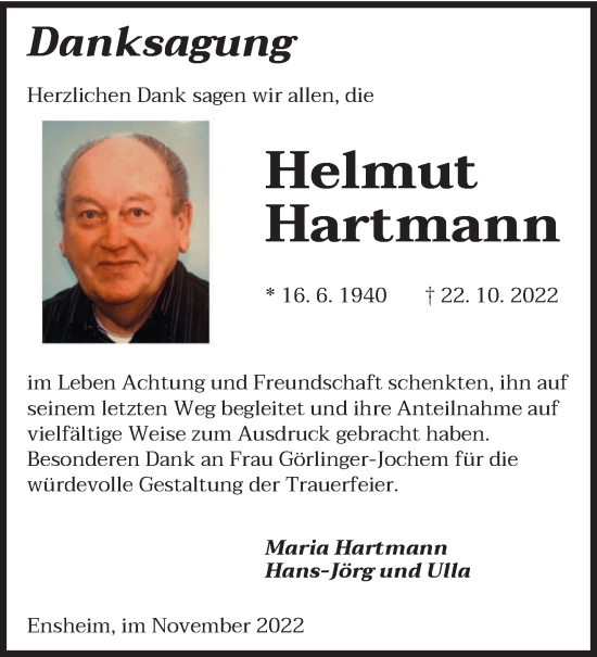 Traueranzeige von Helmut Hartmann von saarbruecker_zeitung