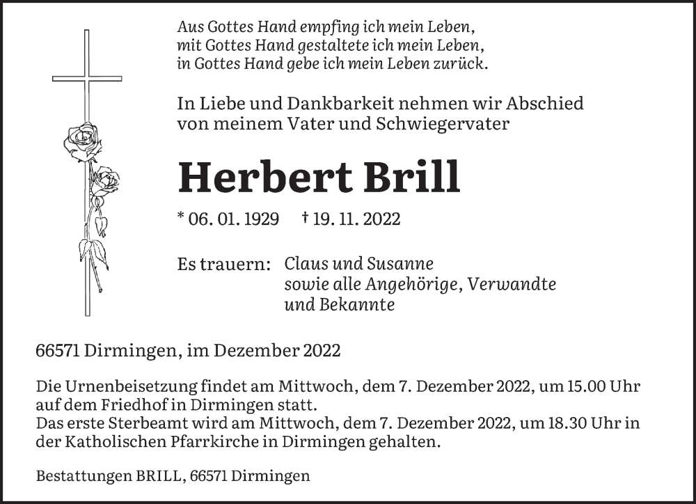  Traueranzeige für Herbert Brill vom 03.12.2022 aus saarbruecker_zeitung