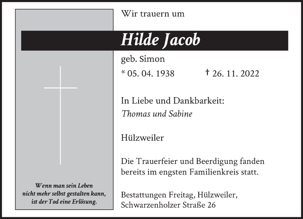  Traueranzeige für Hilde Jacob vom 03.12.2022 aus saarbruecker_zeitung