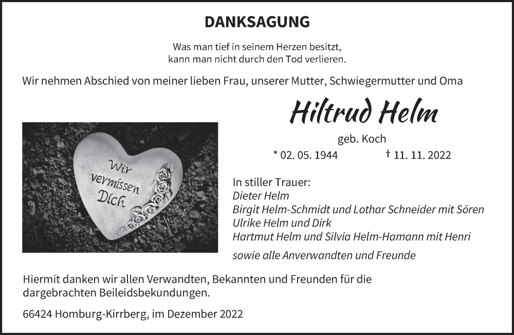  Traueranzeige für Hiltrud Helm vom 03.12.2022 aus saarbruecker_zeitung