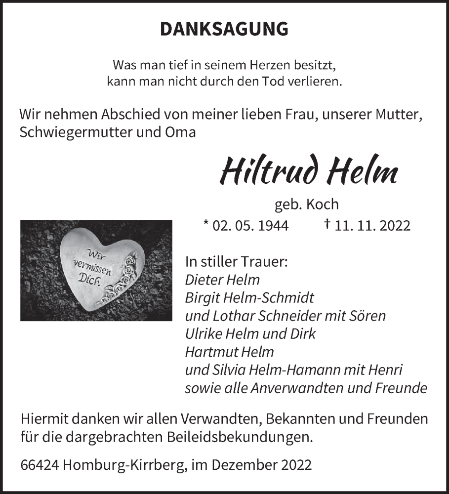  Traueranzeige für Hiltrud Helm vom 03.12.2022 aus saarbruecker_zeitung