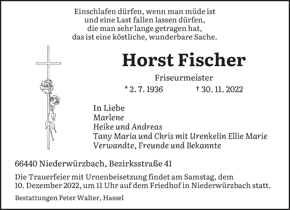  Traueranzeige für Horst Fischer vom 03.12.2022 aus saarbruecker_zeitung