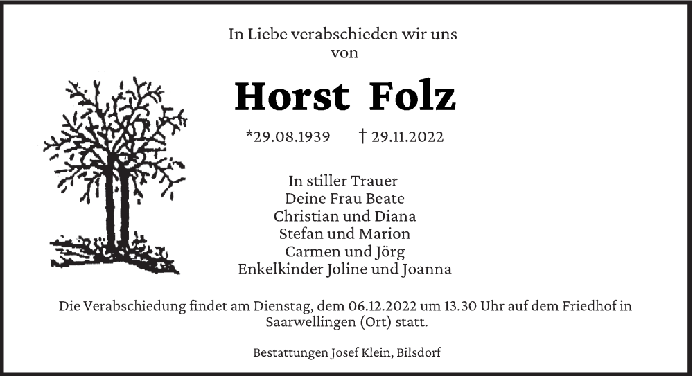  Traueranzeige für Horst Folz vom 03.12.2022 aus saarbruecker_zeitung