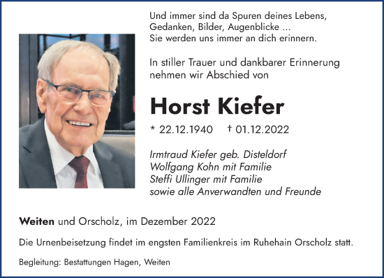 Traueranzeige von Horst Kiefer von saarbruecker_zeitung