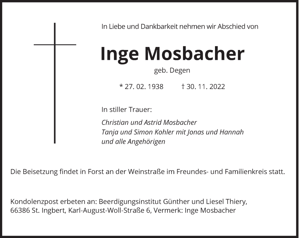 Traueranzeige für Inge Mosbacher vom 03.12.2022 aus saarbruecker_zeitung