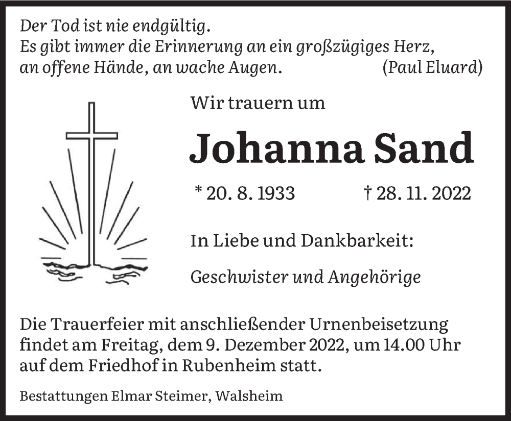  Traueranzeige für Johanna Sand vom 03.12.2022 aus saarbruecker_zeitung