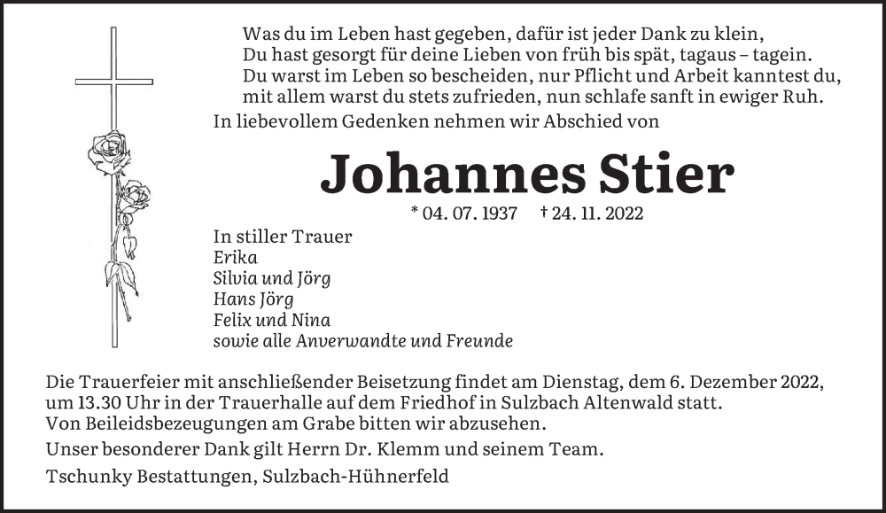  Traueranzeige für Johannes Stier vom 03.12.2022 aus saarbruecker_zeitung