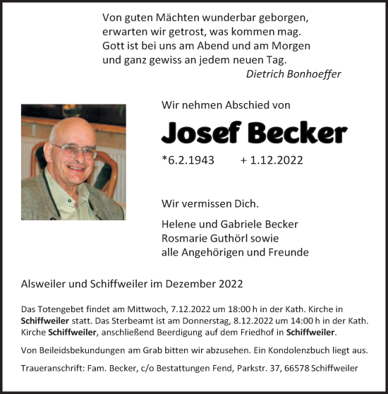 Traueranzeige von Josef Becker von saarbruecker_zeitung