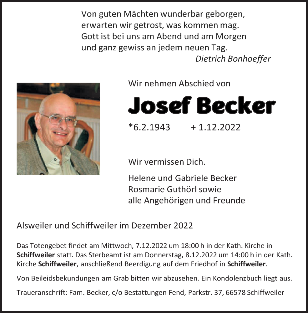  Traueranzeige für Josef Becker vom 05.12.2022 aus saarbruecker_zeitung