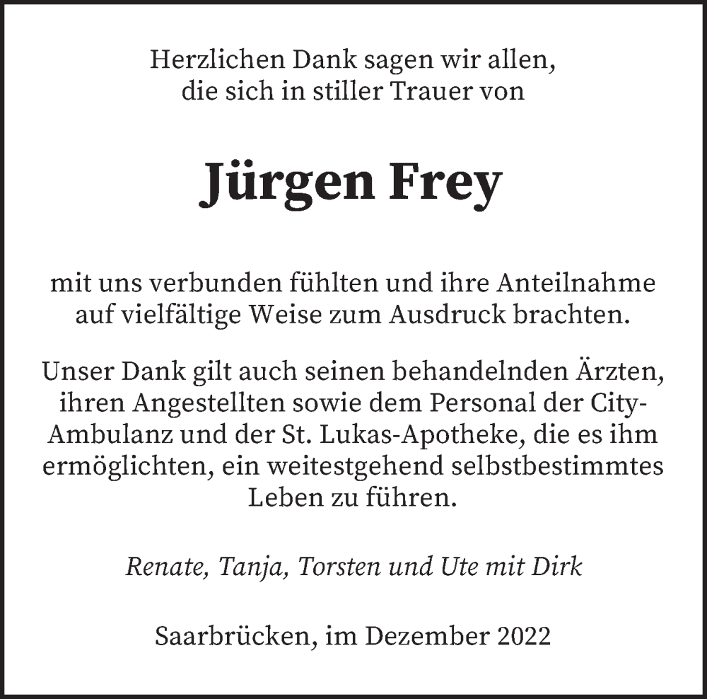  Traueranzeige für Jürgen Frey vom 03.12.2022 aus saarbruecker_zeitung