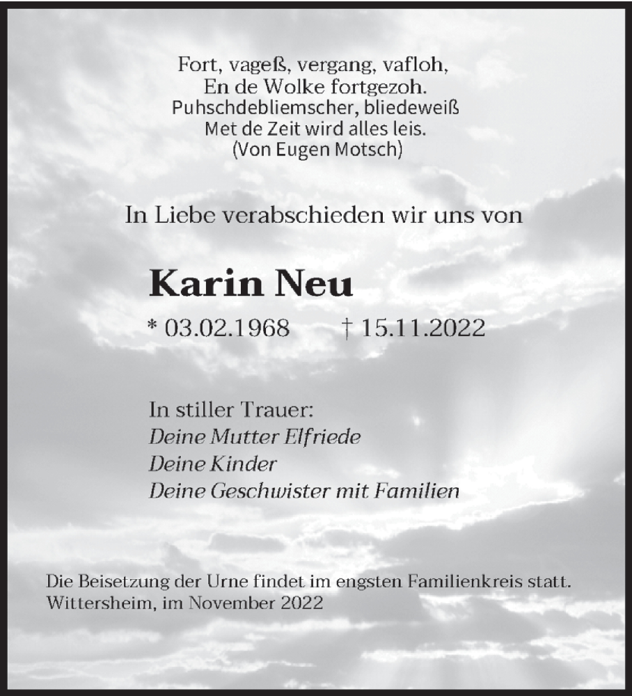  Traueranzeige für Karin Neu vom 03.12.2022 aus saarbruecker_zeitung