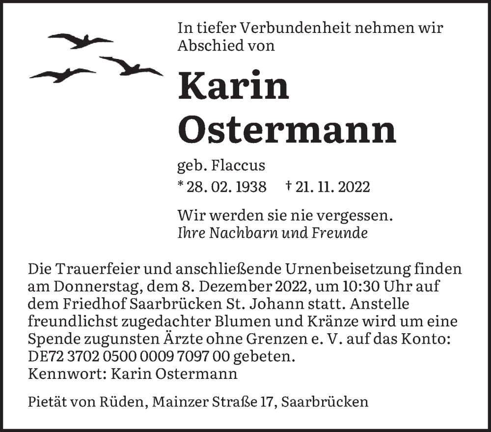  Traueranzeige für Karin Ostermann vom 03.12.2022 aus saarbruecker_zeitung
