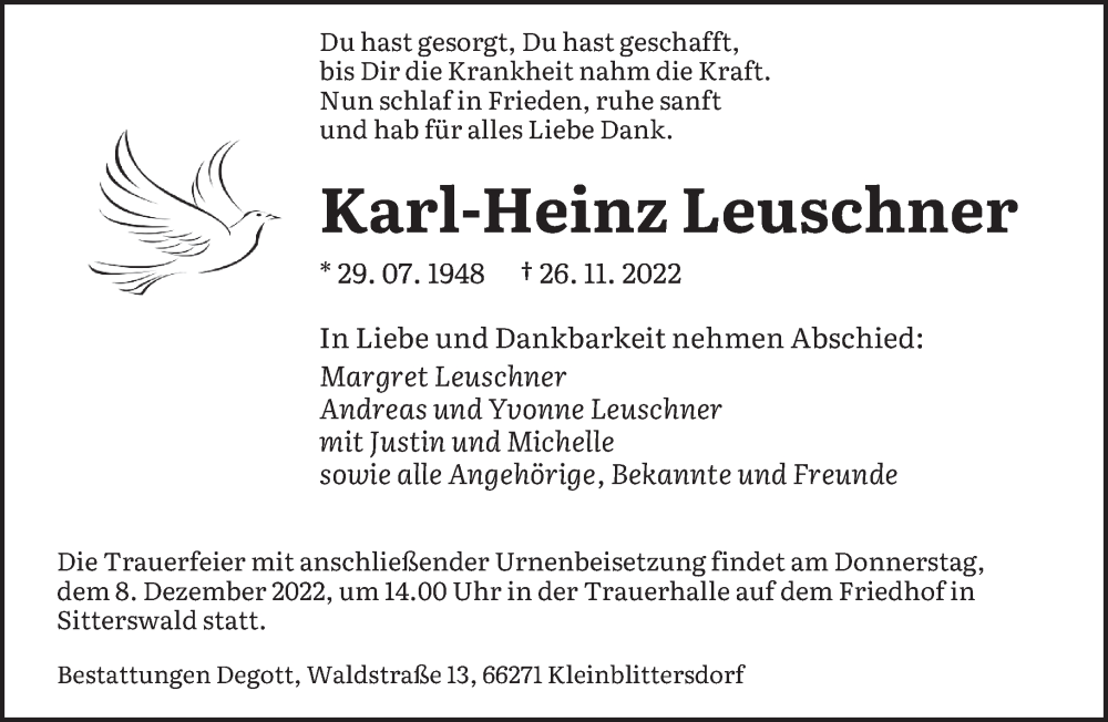  Traueranzeige für Karl-Heinz Leuschner vom 03.12.2022 aus saarbruecker_zeitung