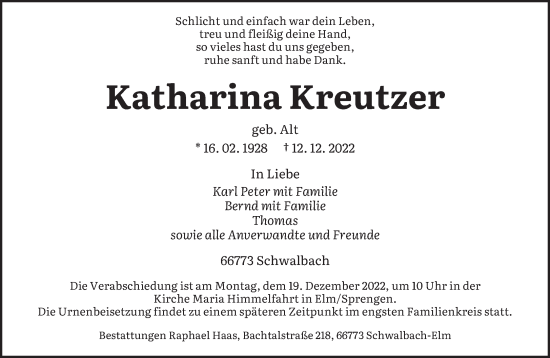 Traueranzeigen Von Katharina Kreutzer | Saarbruecker-Zeitung.Trauer.de