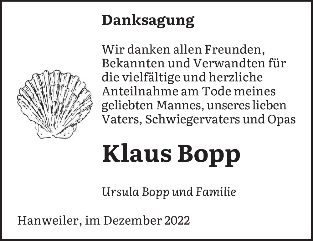  Traueranzeige für Klaus Bopp vom 03.12.2022 aus saarbruecker_zeitung