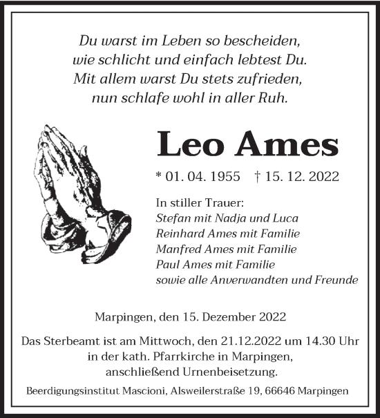 Traueranzeige von Leo Ames von saarbruecker_zeitung