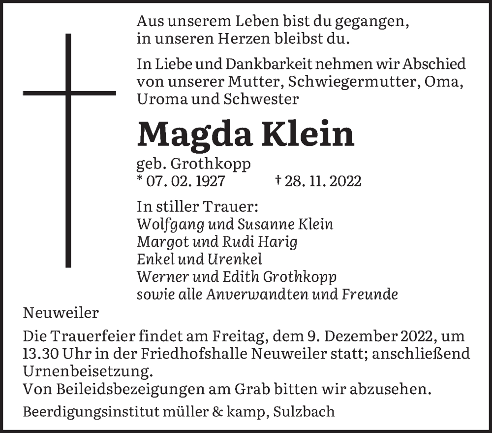  Traueranzeige für Magda Klein vom 03.12.2022 aus saarbruecker_zeitung