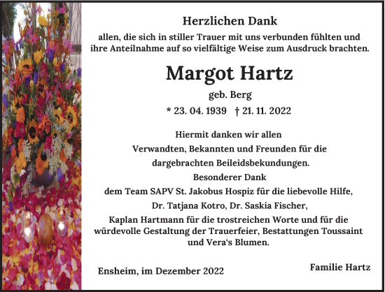 Traueranzeige von Margot Hartz von saarbruecker_zeitung