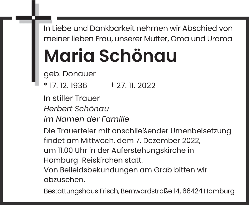  Traueranzeige für Maria Schönau vom 02.12.2022 aus saarbruecker_zeitung