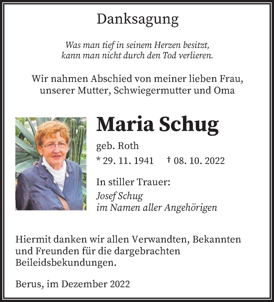  Traueranzeige für Maria Schug vom 03.12.2022 aus saarbruecker_zeitung