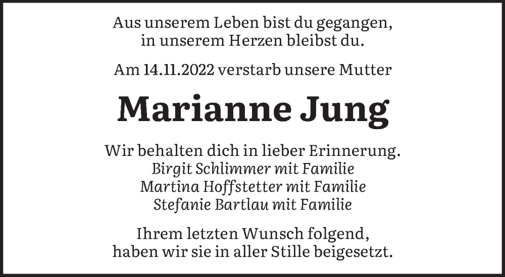  Traueranzeige für Marianne Jung vom 03.12.2022 aus saarbruecker_zeitung